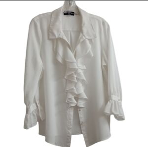 Karl Lagerfeld Pearlized Buttons Revere Collared Ruffled Crepe Blouse- Size: M